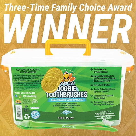 Bodhi Dog Dual-Headed Toothbrush for Dogs & Cats - Soft Bristles for Gentle Pet Dental Care - Puppy & Adult Teeth Cleaning - Easy-to-Use Design for Healthy Gums & Fresh Breath (100 Count)