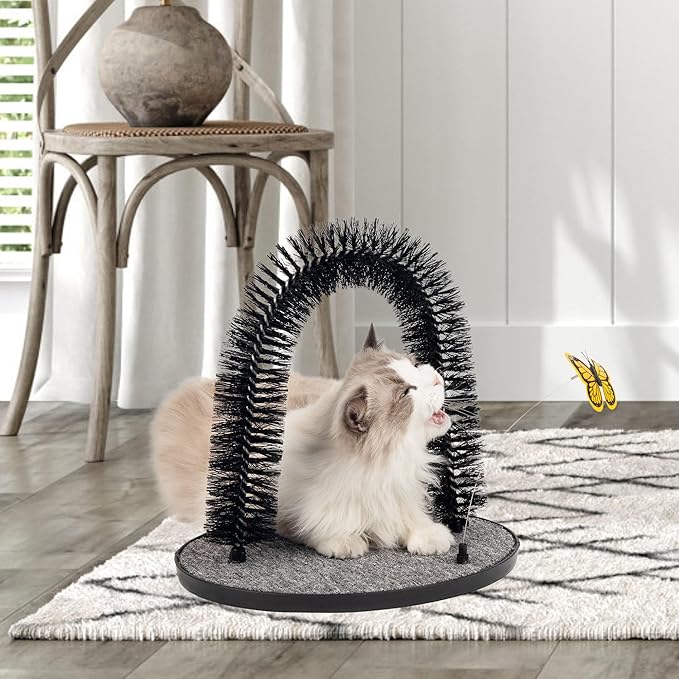 Pet Prime 2in1 Cat Arch Self Groomer for Indoor Cats, Back Scratcher Grooming Massage Brush with Sturdy Cat Scratching Pad Durable Brusher Butterfly Toy