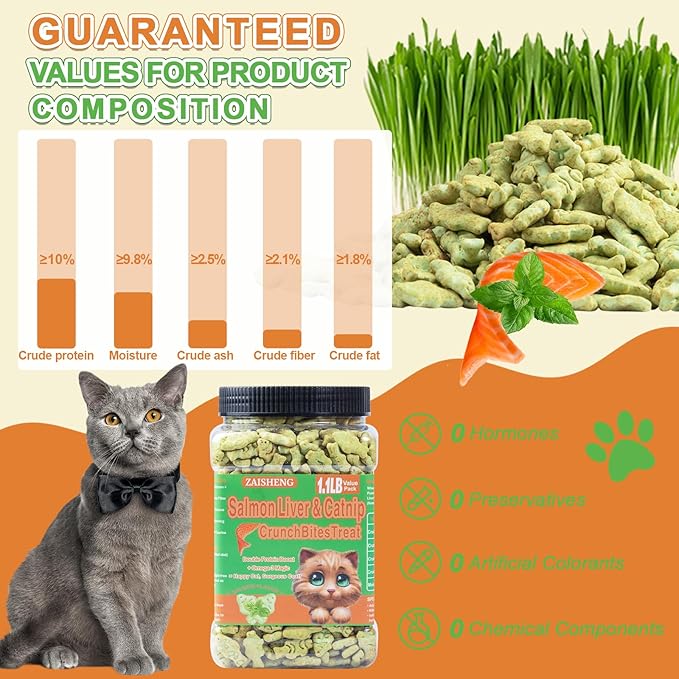 17.6 oz Cat Grass Treats for Indoor Cats - Hairball Control Natural Salmon & Catnip Flavor Healthy Kitten Snacks Crunchy Training Biscuits for Dental Cleaning