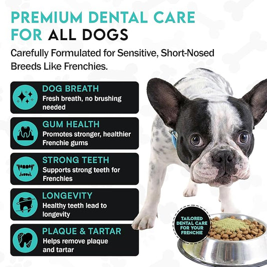Dog Teeth Cleaning Powder–Natural Dog Dental Powder for Teeth Cleaning, Breath Freshener & Plaque Remover–Tartar Control, Oral Care &Bad Breath Treatment-French Bulldog Optimized Great for all breeds