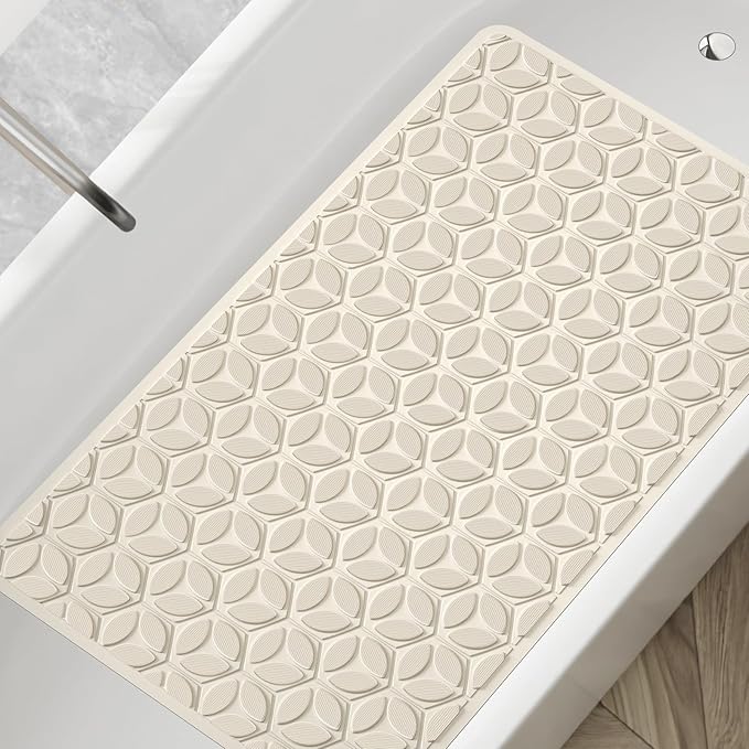 WRISIN Bathtub Mat Non Slip with Suction Cups - 100% Rubber Bathroom Mat Textured for Bath Tub Shower Safety - Soft on Touch - BPA/PVC Free - Pet Dog Bath Mat - Machine Washable - 16 × 28 Inch(Beige)