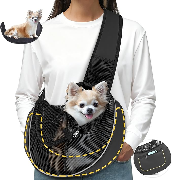 Dog Sling for Small Dogs & Cats Up to 10 lbs with Detachable Hard Bottom Breathable Mesh, Adjustable Strap & Large Pocket - Hands-Free Pet Carrier for Travel Walking Hiking (Black Size S)