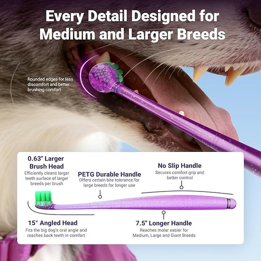Big Dog Toothbrushes for Medium and Large Dogs&Cats, 2pcs, Ultra Soft Bristle, Long Durable Handle, Pet Tooth Brush and Dental Care Kit, Super Thin Bristle Gentle on Gum for Sensitive Pets, Red Violet
