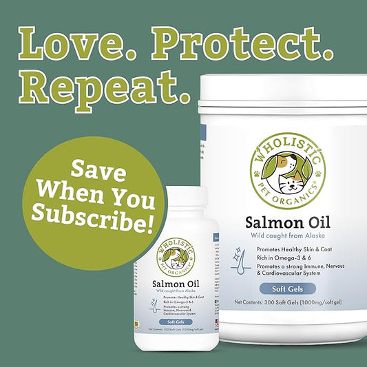 Wholistic Pet Organics Wild Alaskan Salmon Oil for Dogs - 100 Soft Gels - Rich Omega 3 Fish Oil with EPA & DHA for Skin, Coat, Joint, and Heart Health - Natural Dog Skin & Coat Care