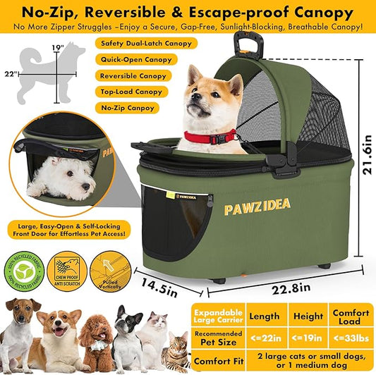 PAWZIDEA Portable Small Dog Crate for Car Travel, Enclosed Pet Car Seat for Small/Medium Dogs Cats up 33lb, Reversible No-Zip Canopy, Soft-Sided Pet Carrier Basket, Collapsible Dog Kennel, Metal Frame
