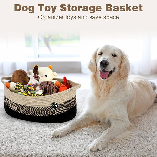 Dog Toy Basket, Toy Box and Bin for Dog Cat Storage, 19.7" X 11" X 7.9" (30L) Large Woven Rope Basket for Blanket Storage, Living Room, Bedroom, Black & Brown