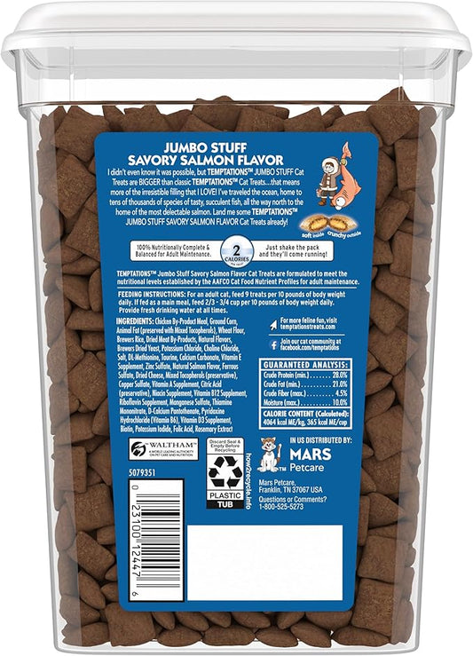 Temptations Jumbo Stuff Crunchy and Soft Cat Treats, Savory Salmon Flavor, 14 oz. Tub