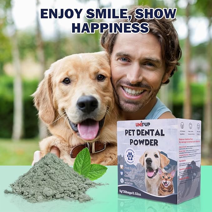 Pet Teeth Cleaning Powder, Safe & Natural Oral Care Formula Dog Dental Powder, Reduces Plaque & Tartar, Freshens Breath, Sodium Hexametaphosphate Free Dog Dental Powder -5g*20 sachets