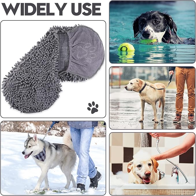 Newwiee 4 Pcs Large Dog Shammy Towel for Drying 32 x 14 in Microfiber Absorbent, Quick Drying Dog Bath Towel with Hand Pocket, Machine Washable for Pet Puppy Cleaning Shower Supplies(Grey)