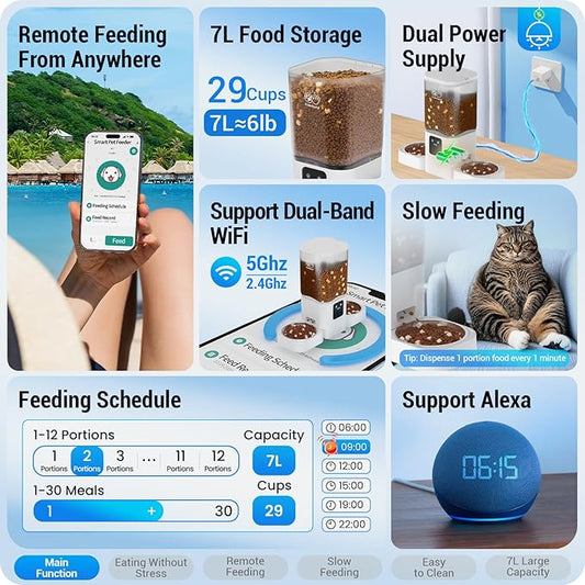 5G WiFi Automatic Cat Feeder 2 Cats with Slow Feed: Dual Automatic Dog Feeder with APP Control, Cat Food Dispenser for Multiple Pets, Detachable for Easy Clean, 7L Large Food Storage -29 Cup