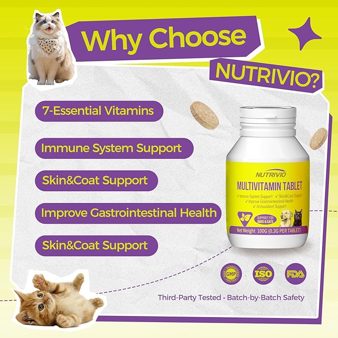 Dog Multivitamin Chewable Cat & Dog Vitamins and Supplements for Hip & Joints, Skin & Coat, Omega 3 Fish Oil for Dogs Tablets for Dogs & Cats, Vitamins- Immune Support 0.3g Per Tablet (100g)