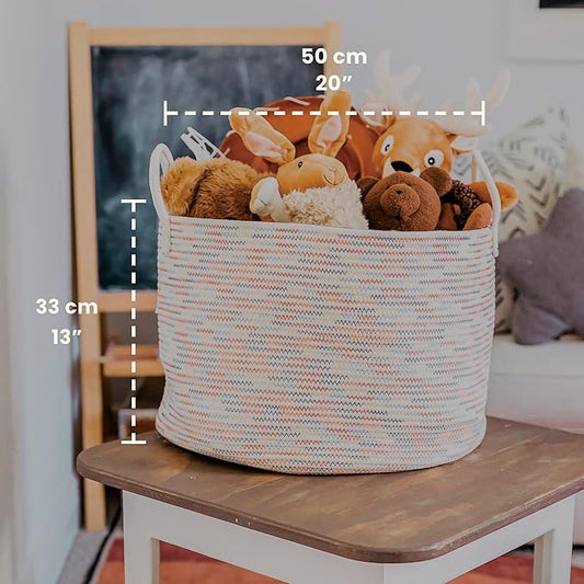 OrganiHaus Large Woven Storage Basket for Blankets and Toys 20" x 13" Inch, Rope Laundry Basket with Handles, Cushions & Pillows Storage Bin, Nursery Hamper, Soft Round Dog Toy Bin - Rainbow Stitches