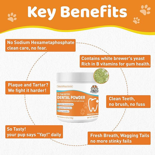 Dog Teeth Cleaning Powder - Natural Dog Dental Powder -Gentle Dog Breath Freshener, Dog Plaque and Tartar Remover, Vet Formulated No Sodium Hexametaphosphate- 60 Scoops, 4.23oz (120g)