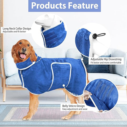 Dog Bathrobe Towel Dog Drying Coat - Super Absorbent Towels Bath Robe for Dogs Large, Soft Adjustable Collar & Belly Strap Fast Drying Coat Pet Cat Bath Robe (Medium Blue, Large)