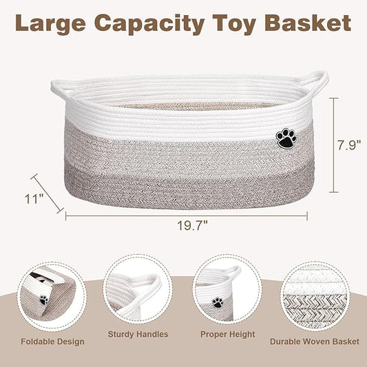 Dog Toy Basket, Toy Box and Bin for Dog Cat Storage, 19.7" X 11" X 7.9" (30L) Large Woven Rope Basket for Blanket Storage, Living Room, Bedroom, White & Brown