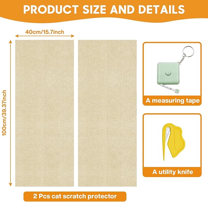 MIAOKE 2 Pcs 40 × 16 in Cat Scratch Furniture Protector with Cutter Slider and Measuring Tape, Trimmable Self-Adhesive Cat Scratch Carpet, Suitable for DIY Cat Tree Stands, Sofas,Cat Tower