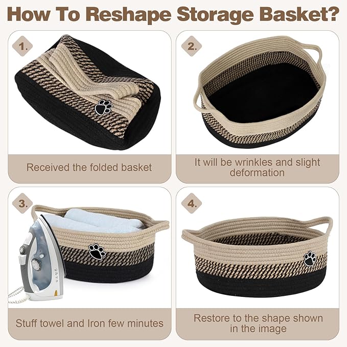 Dog Toy Basket, Toy Box and Bin for Dog Cat Storage, 13.5" X 11" X 5" Small Woven Rope Basket for Baby Storage, Closet, Living Room, Brown & Black