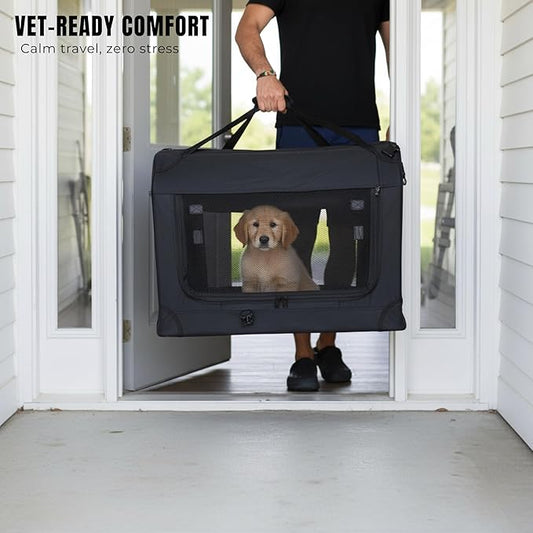 Meraki Home 3-Door Soft-Sided Mesh Pet Carrier – Portable Foldable Travel Crate Kennel for 2 Cats, Medium Dogs, Rabbits – Indoor/Outdoor Use, M Size (27"x21"x21"), Black