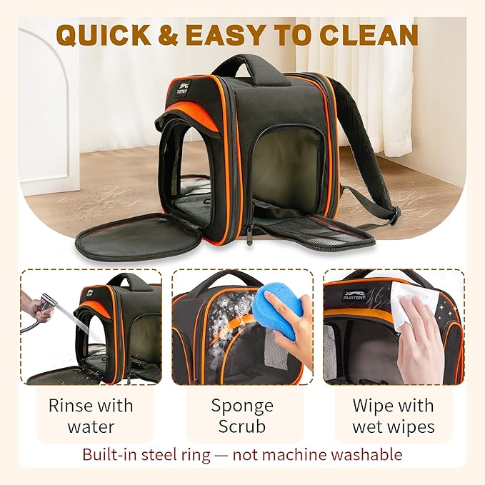 Cat Carrier Backpack, Breathable Collapsible Pet Bag with Safety Leash for Guinea, Kitten, Rabbit Weighing up to 8 Pounds Designed for Travel, Hiking, Walking and Outdoor Use, Black-Orange