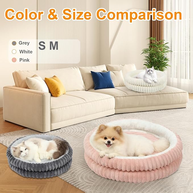 Cat Beds for Indoor Cats,Washable Round Donut Dog Bed,Fluffy Puppy Dogs Beds for Small Dogs with Anti-Slip Bottom(Grey,S)