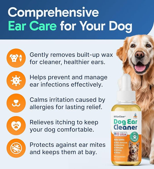 Ear Clear, Natural Dog Ear Cleaner and Infection Treatment for Dogs, Dog Drops for Itching, Irritation, & Wax Build-Up, 1 oz Bottle with Dropper