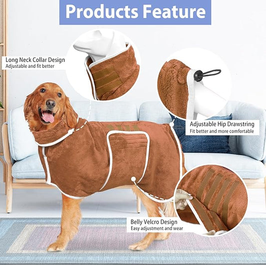 Dog Bathrobe Towel Dog Drying Coat - Super Absorbent Towels Bath Robe for Dogs Large, Soft Adjustable Collar & Belly Strap Fast Drying Coat Pet Cat Bath Robe (Brown, Small)