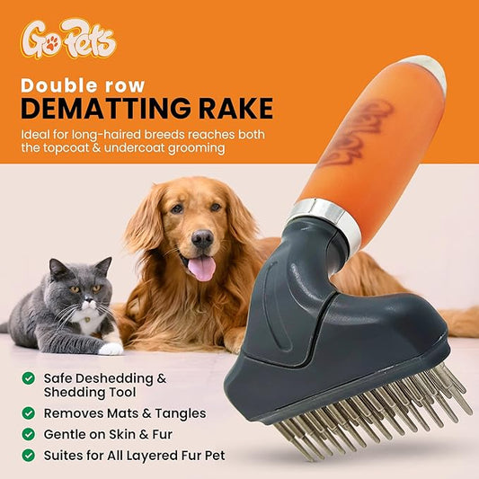 GoPets Double Row Dematting Rake Undercoat Deshedding Tool for Dogs and Cats, Dog Brush for Shedding and Grooming, Long Hair Pet Grooming Brush for Mat Removal, Detangling, and Shedding Control