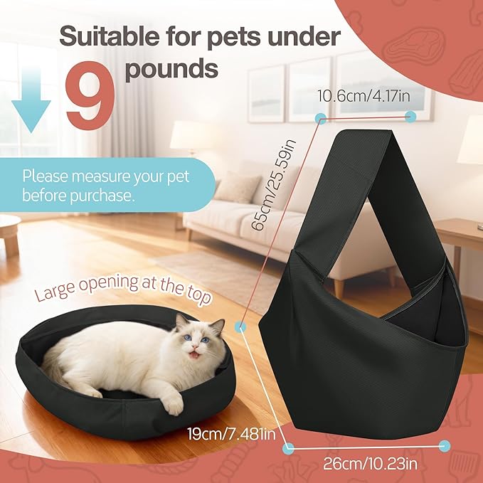 YUDODO Fashion Dog Sling Carrier for Small Dogs Lightweight Crossbody Pet Bag with Safety Strap, Pocket Storage, Machine Washable, Comfortable Travel & Outdoor Sling up to 9 lbs Black