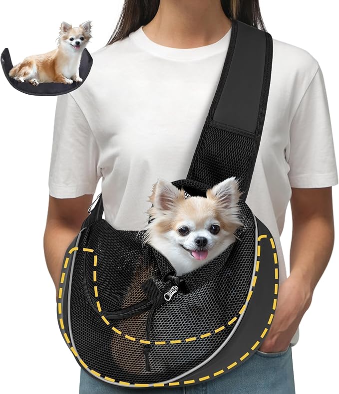 Dog Sling for Small Dogs & Cats Up to 10 lbs with Detachable Hard Bottom Breathable Mesh, Adjustable Strap & Large Pocket - Hands-Free Pet Carrier for Travel Walking Hiking (Black Size M)