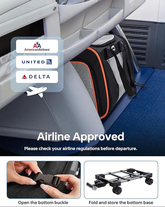 Pet Carrier with Removable Wheels American Airline Approved, Rolling Cat Carrier with Telescopic Handle and Shoulder Strap, Breathable Soft-Sided Carrier with Locking Zipper for Small Cats Dogs(Black)