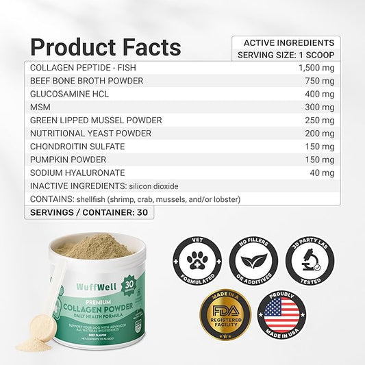 WuffWell Daily Collagen for Dogs - Boosts Muscle Health & Overall Stamina - Premium All Natural Ingredients Dog Collagen Powder - Supports Mobility and Flexibility, Easy to Mix Powder, Made in USA