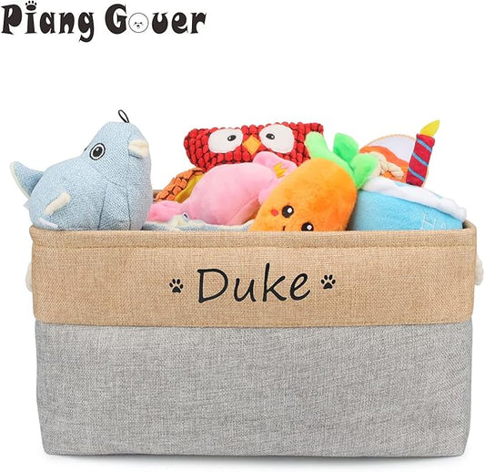 Dog Toy Box Storage Basket Bin with Personalized Custom Pet's Name Collapsible Rectangular Storage Bag For Organizing Dogs cat Clothes,Shoes,Pet Accessories (Gray, L)