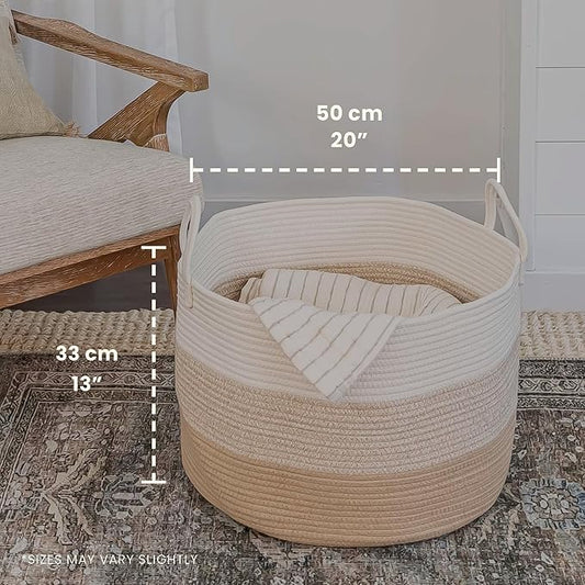 OrganiHaus Large Woven Storage Basket for Blankets and Toys 20" x 13" Inch, Rope Laundry Basket with Handles, Cushions & Pillows Storage Bin, Nursery Hamper, Soft Round Dog Toy Bin - Honey