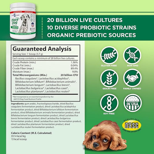 Vital Planet - Flora Dog Probiotic Powder Supplement with 20 Billion Cultures and 10 Strains, High Potency Immune and Digestive Support Probiotics for Dogs, 7.84 oz., 222 Grams, 60 Servings