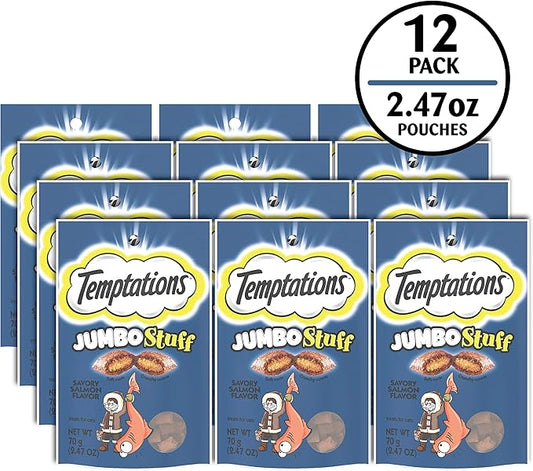 Temptations Jumbo Stuff Crunchy and Soft Cat Treats, Savory Salmon Flavor, 2.5 oz. Pouch (Pack of 12)