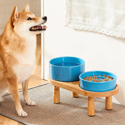 Ceramic Slow Feeder and Water Bowl Set for Small Dogs, 6.0inch Ceramic Dog Bowls Elevated with Wooden Stand, 0.6 Cups Dog Slow Feeder(14oz) and 30oz Water Bowl Set, Blue