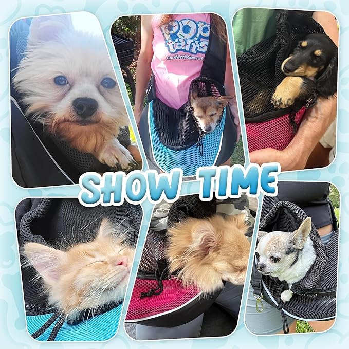 Upgraded Breathable Mesh Dog Sling Carrier for Small Dogs & Cats Up to 10 lbs- Detachable Hard Bottom, Adjustable Strap & Large Pocket - Hands-Free Pet Carrier for Travel Walking Hiking (Cyan Size M)