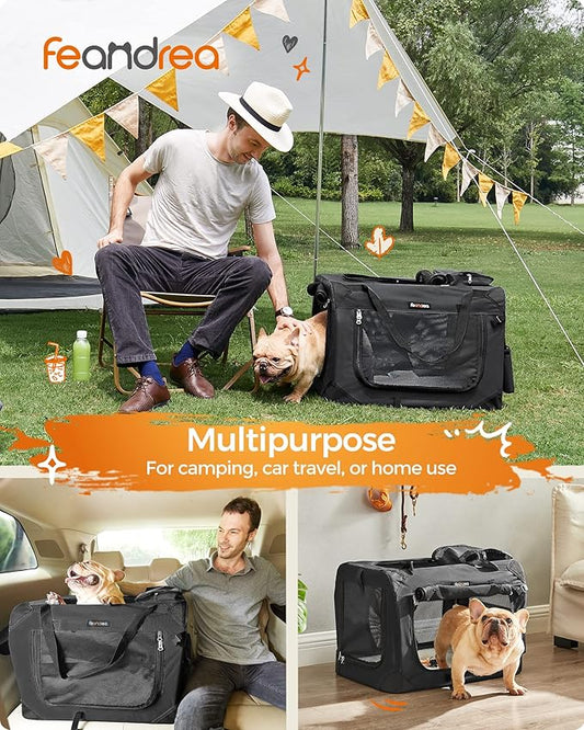 Feandrea 24 Inches Collapsible Soft Dog Crate, Portable Travel Dog Crate for Indoor and Outdoor Use, Dog Carrier Kennel with Safety Zippers, for Living Room, Car, Travelling, Camping, Black UPDC60H