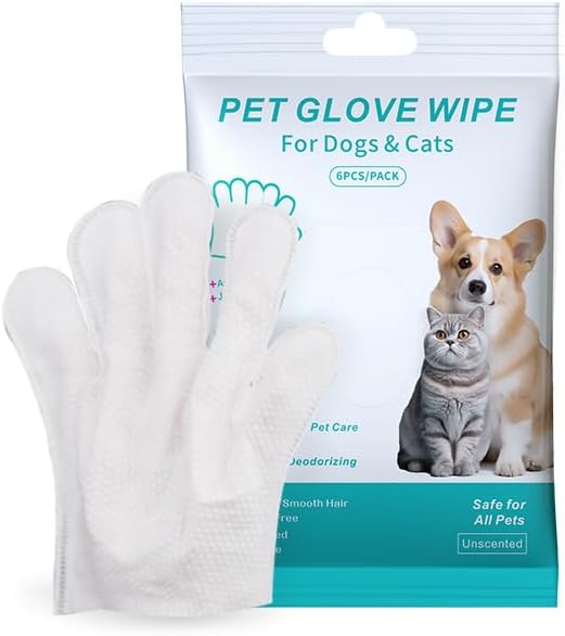 Pet Glove Wipe, Cleaning Glove for Dog and Cat, Fur Face, Ear, Eye, Paws Cleaning Wipes, Pet Wash Free Gloves, Cleaning Grooming Wipes for Daily Care and Traveling, No Rinse, Gentle, Thickened, 6PCS