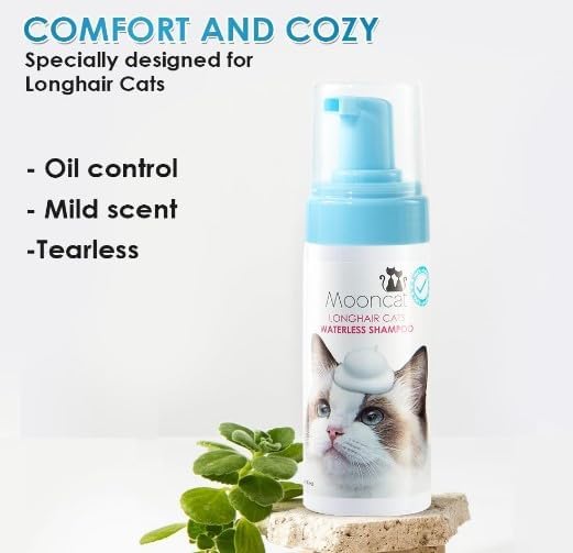 Mooncat Grooming Kit for Long Hair Cats – Waterless Detangling Foam Shampoo (5oz) + Cat Ear Cleaner Finger Wipes (40ct) | No Rinse, Licking Safe, Paraben-Free, pH Balanced | Tangle Control & Ear Wax R
