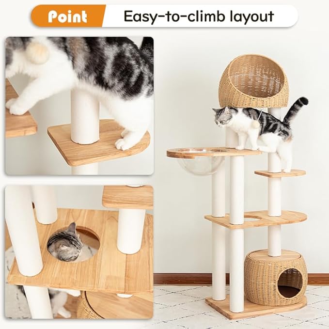 Wood Cat Tree for Large Cats, Modern Indoor Cat Tower with Basket Beds, Cat Condo & Clear Hammock, Multi-Level Wooden Cat Furniture for Home Living Room Decor (Rubber Wood)