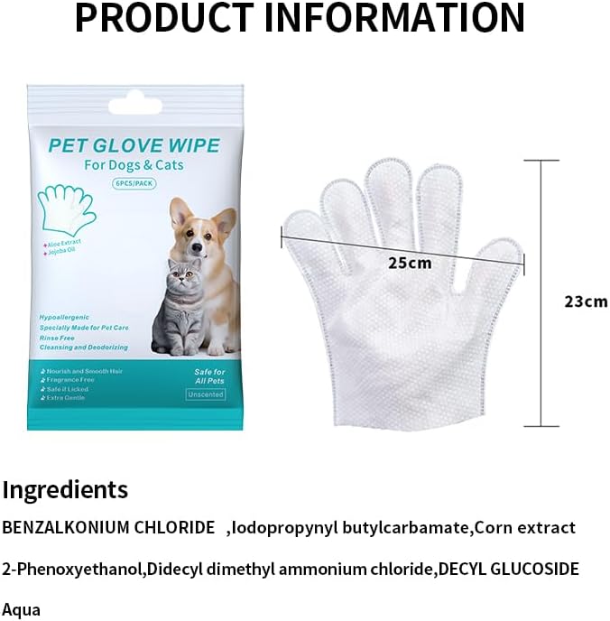 Pet Glove Wipe, Cleaning Glove for Dog and Cat, Fur Face, Ear, Eye, Paws Cleaning Wipes, Pet Wash Free Gloves, Cleaning Grooming Wipes for Daily Care and Traveling, No Rinse, Gentle, Thickened, 6PCS