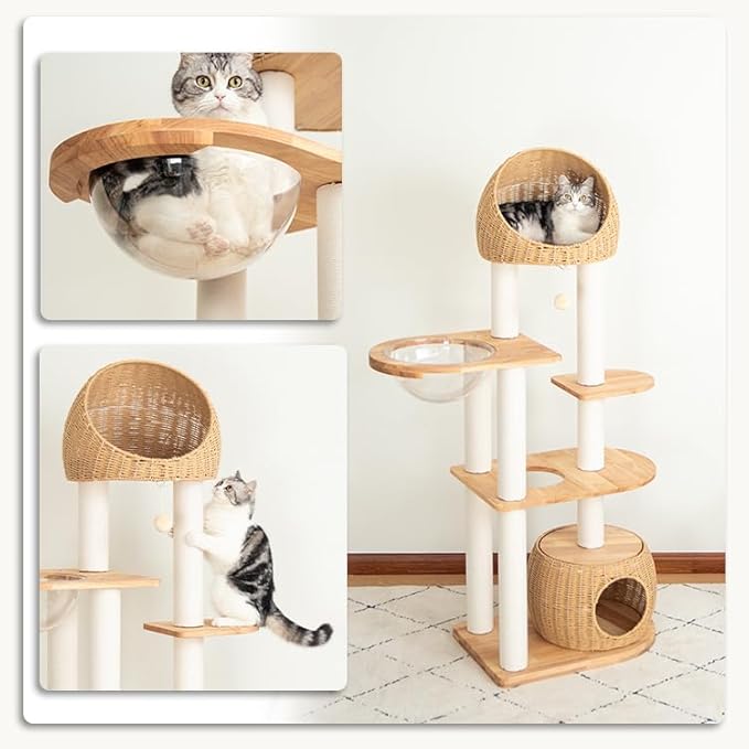 Wood Cat Tree for Large Cats, Modern Indoor Cat Tower with Basket Beds, Cat Condo & Clear Hammock, Multi-Level Wooden Cat Furniture for Home Living Room Decor (Rubber Wood)