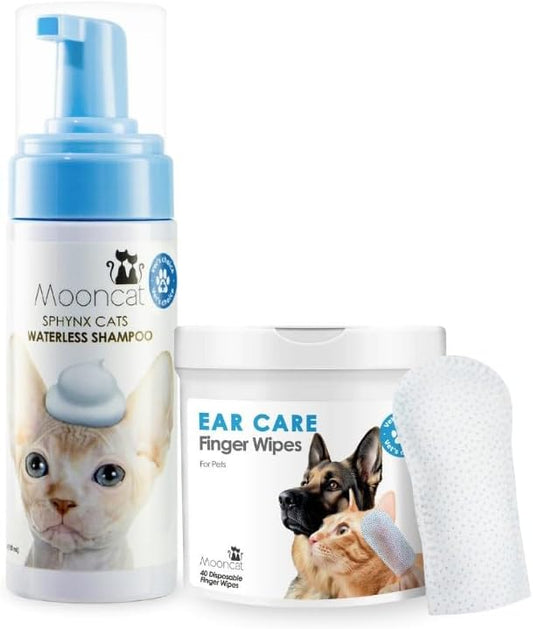 Mooncat Sphynx & Sensitive Cat Grooming Bundle – Waterless No-Rinse Cat Shampoo Foam for Oily Skin (5oz) + Cat Ear Cleaner Finger Wipes (40ct) | Licking Safe, Oil Control, Paraben-Free, pH Balanced |