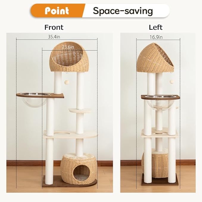 Wood Cat Tree for Large Cats, Modern Indoor Cat Tower with Basket Beds, Cat Condo & Clear Hammock, Multi-Level Wooden Cat Furniture for Home Living Room Decor (Particle Wood)
