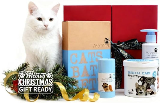 Mooncat Set – Waterless Shampoo, Paw Balm & Dental Wipes – Holiday Grooming Kit & Stocking Stuffers for Cat Lovers, Limited Edition