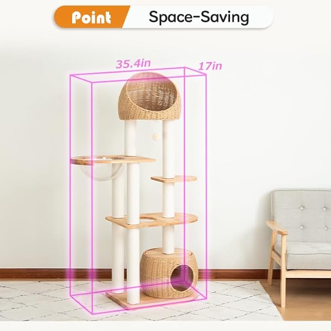 Wood Cat Tree for Large Cats, Modern Indoor Cat Tower with Basket Beds, Cat Condo & Clear Hammock, Multi-Level Wooden Cat Furniture for Home Living Room Decor (Rubber Wood)