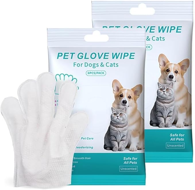 12PCS Pet Glove Bathing Wipes for Dogs Cats, Portable Thickened Safe Cleaning & Odor-Controlling Grooming Gloves, Nourish Fur Glove Wipes for Daily Care and Traveling, Rinse Free, Unscented. (2 Pack)