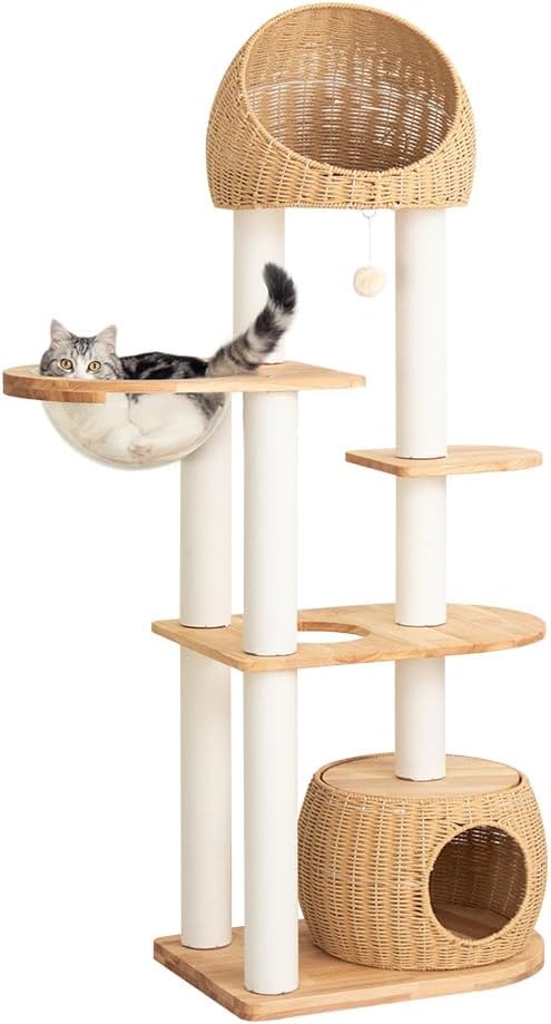 Wood Cat Tree for Large Cats, Modern Indoor Cat Tower with Basket Beds, Cat Condo & Clear Hammock, Multi-Level Wooden Cat Furniture for Home Living Room Decor (Rubber Wood)
