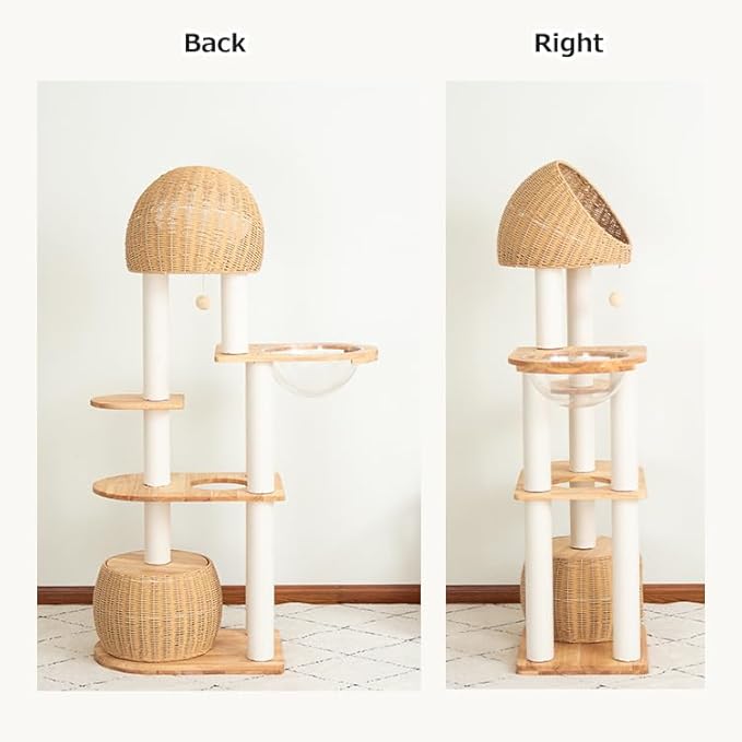 Wood Cat Tree for Large Cats, Modern Indoor Cat Tower with Basket Beds, Cat Condo & Clear Hammock, Multi-Level Wooden Cat Furniture for Home Living Room Decor (Rubber Wood)